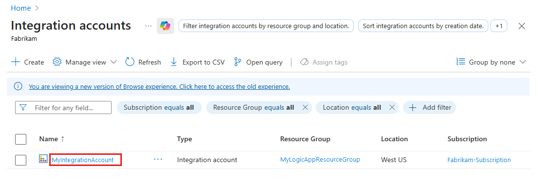 Find and select your integration account