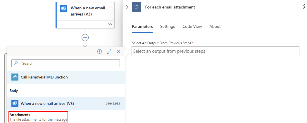 Screenshot showing dynamic content list with the selected field named Attachments.