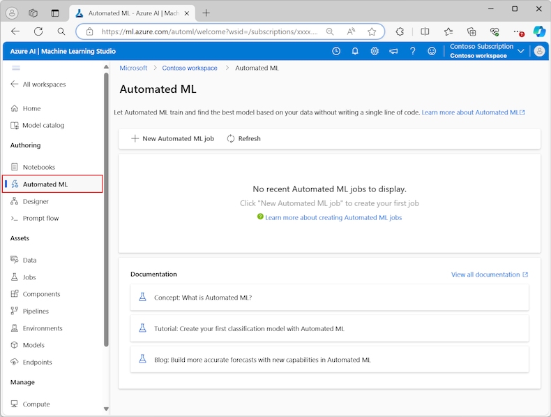 Screenshot that shows the Authoring overview page for Automated ML in Azure Machine Learning studio.