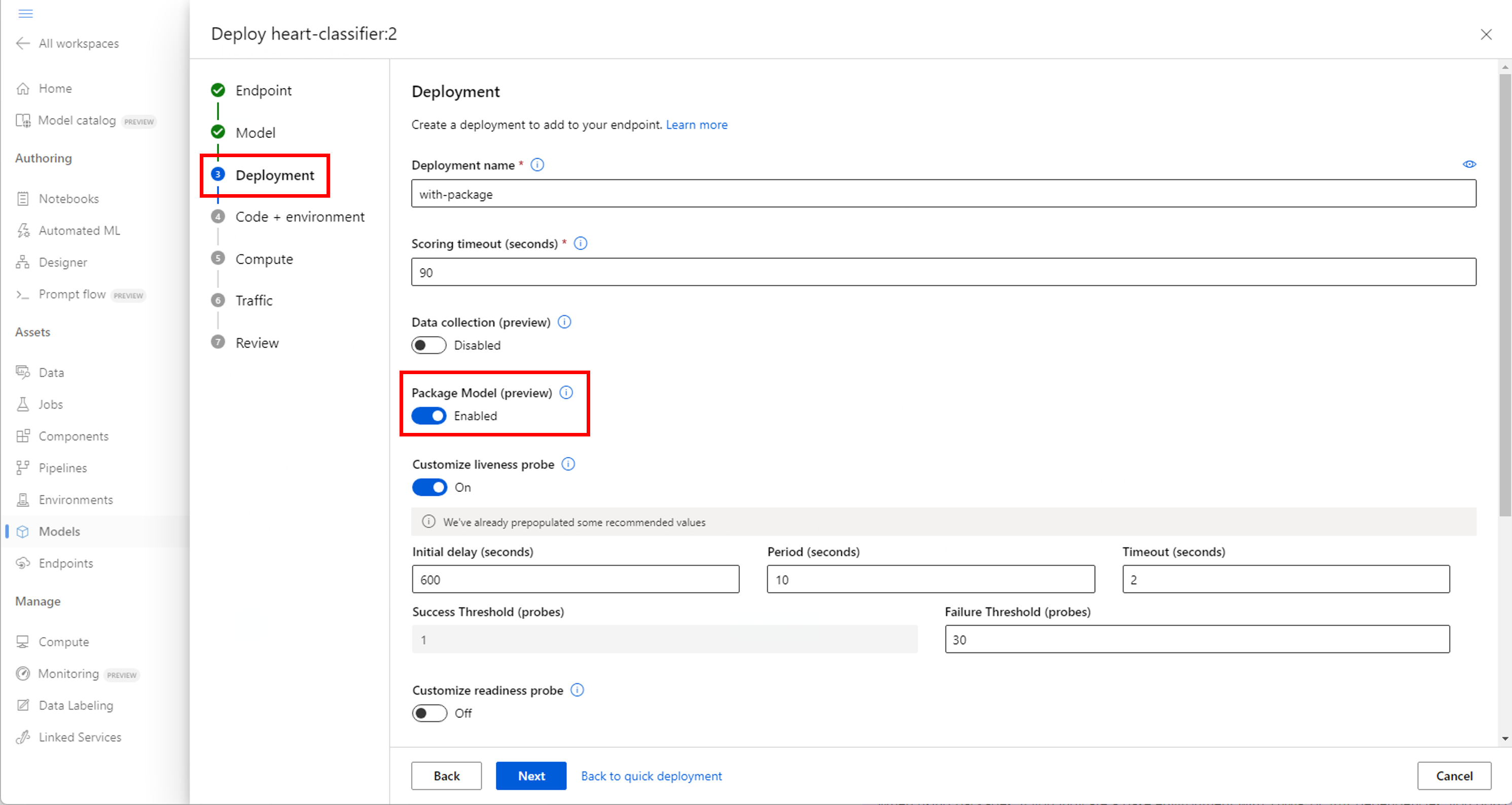 An screenshot of the advanced model deployment wizard to Online Endpoints highlighting the Package model option.