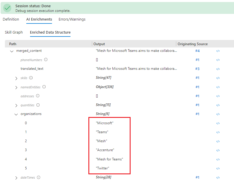 Screenshot of enriched document showing output values.