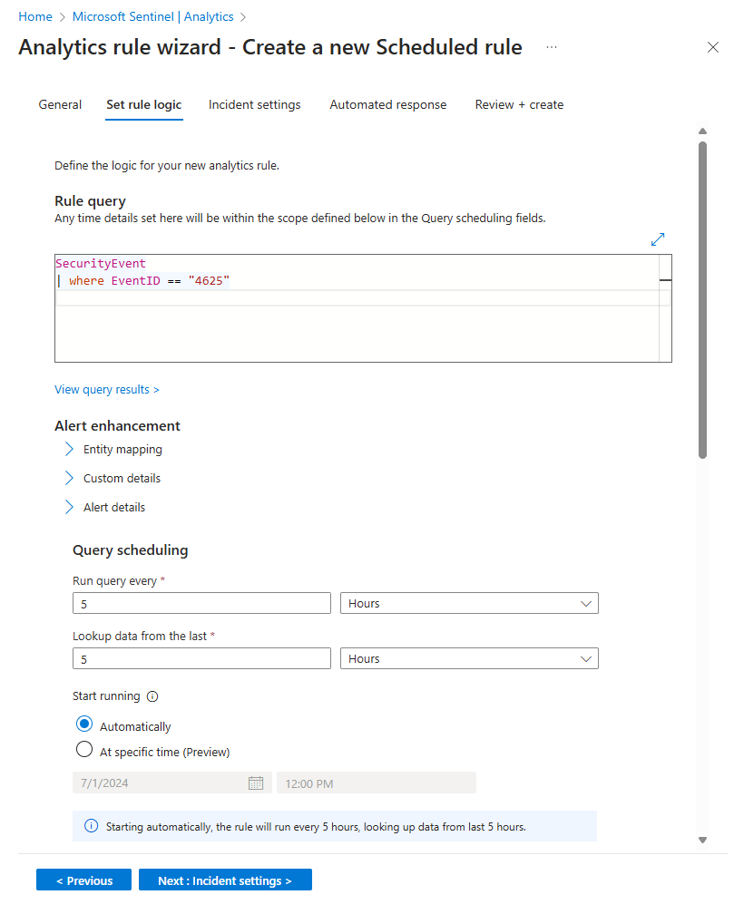 Screenshot of first half of set rule logic tab in the analytics rule wizard in the Azure portal.