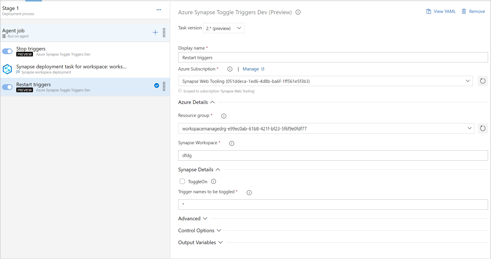 Screenshot that shows managing triggers before and after deployment.