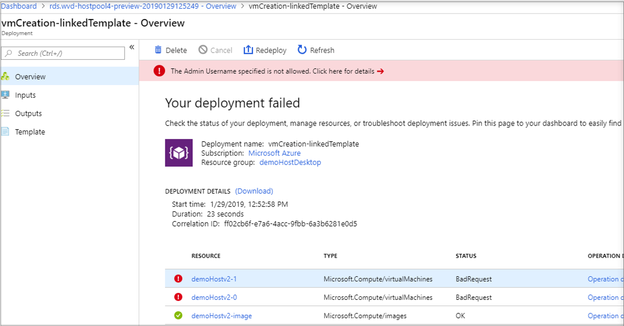 Screenshot of your deployment failed in which an admin specified isn't allowed.