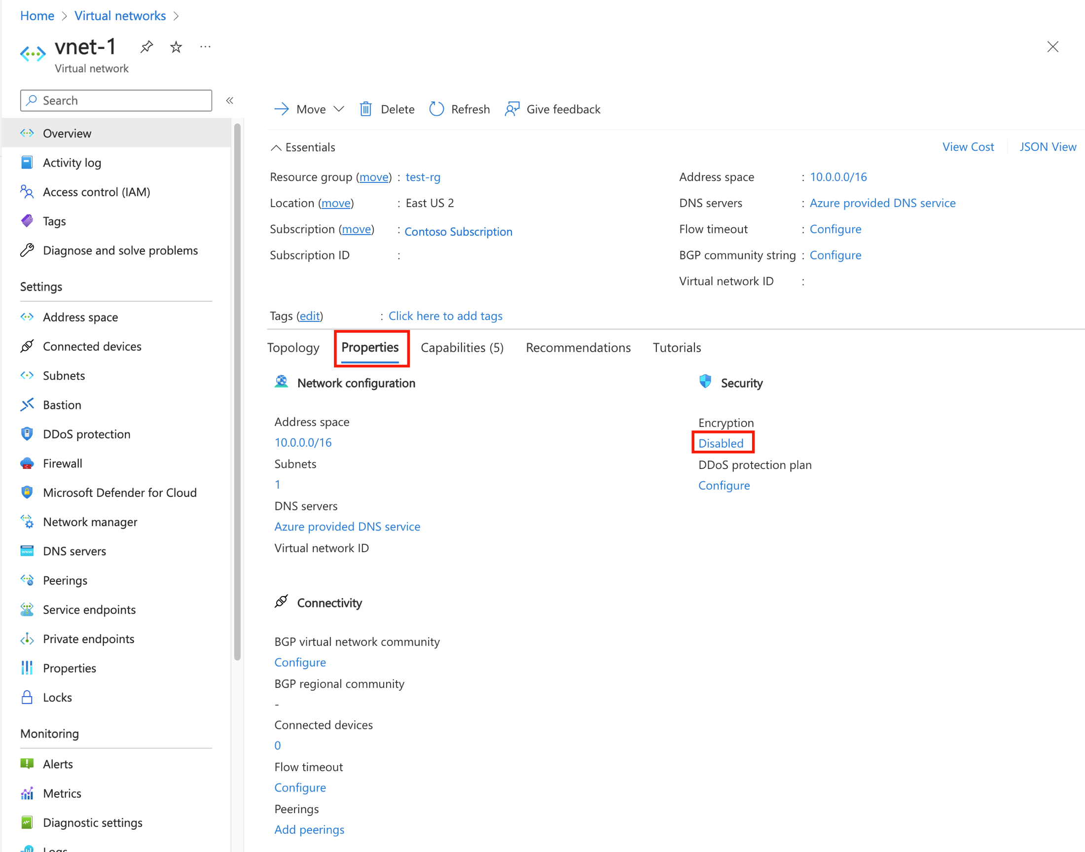 Screenshot of properties of the virtual network.