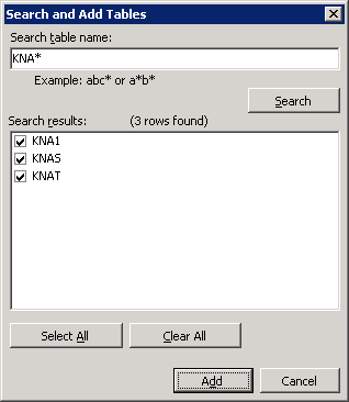 DDEX plug-in Search and Add Tables name dialog box