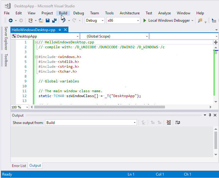 Animation showing the steps to build the DesktopApp Project.