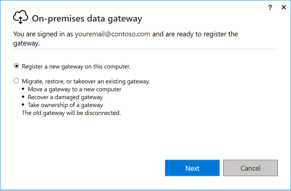 Screenshot of the gateway dialog where you register the gateway.