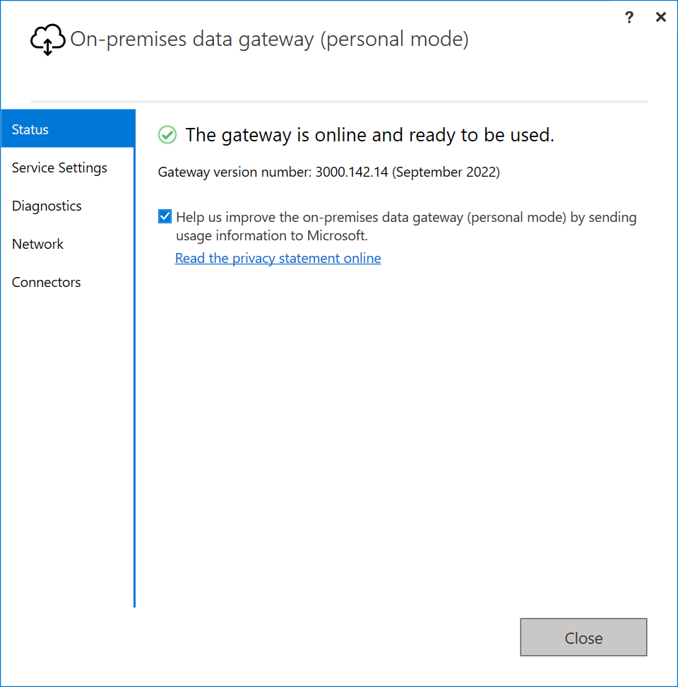 Screenshot of the personal mode gateway summary.