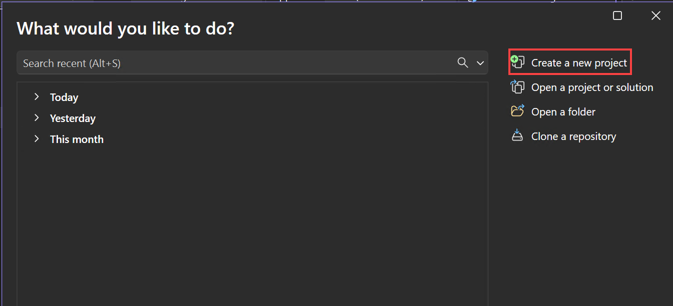 Create a new project dialog window