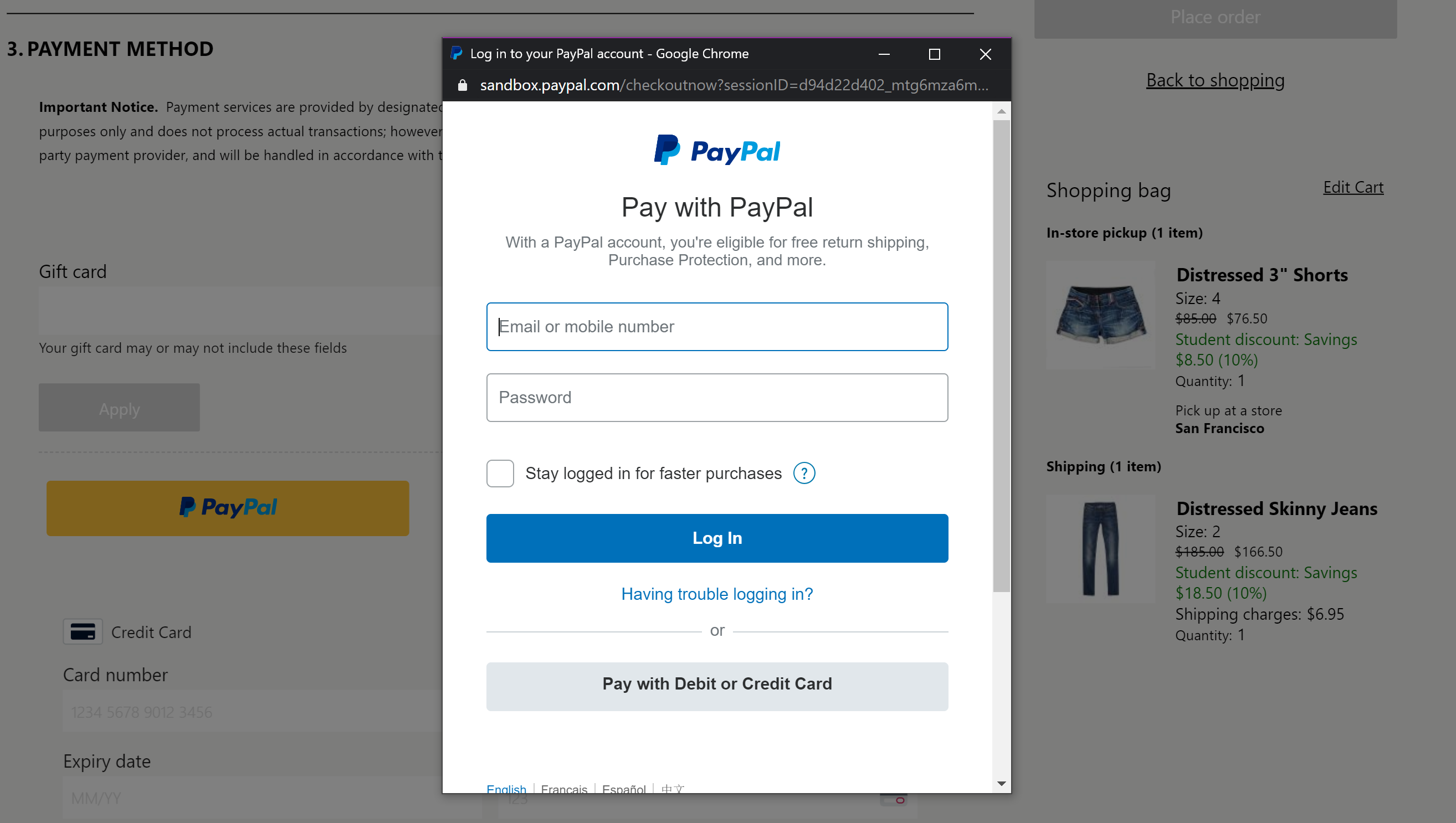 Skjáskot af PayPal iframe þætti á greiðslusíðu.