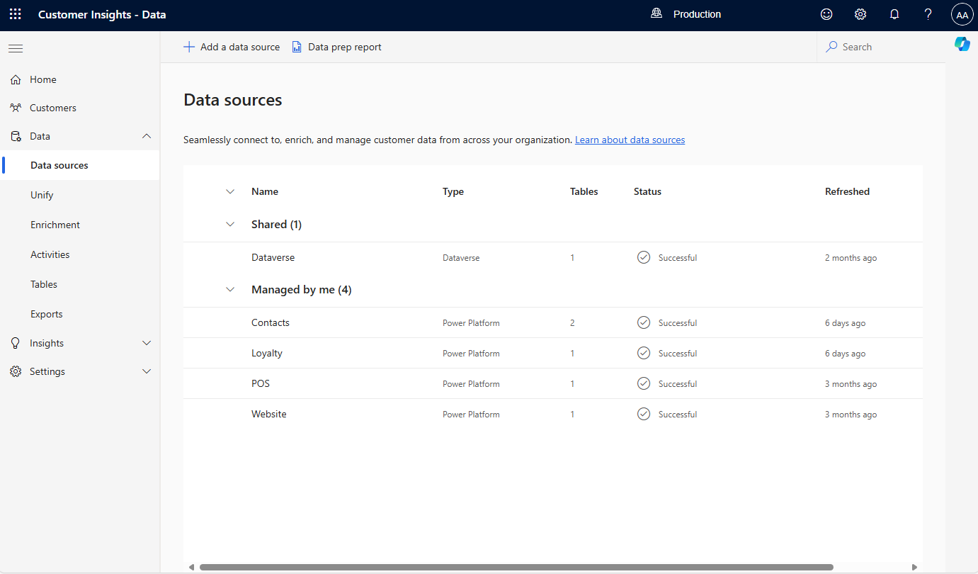 Screenshot of the Data sources screen.