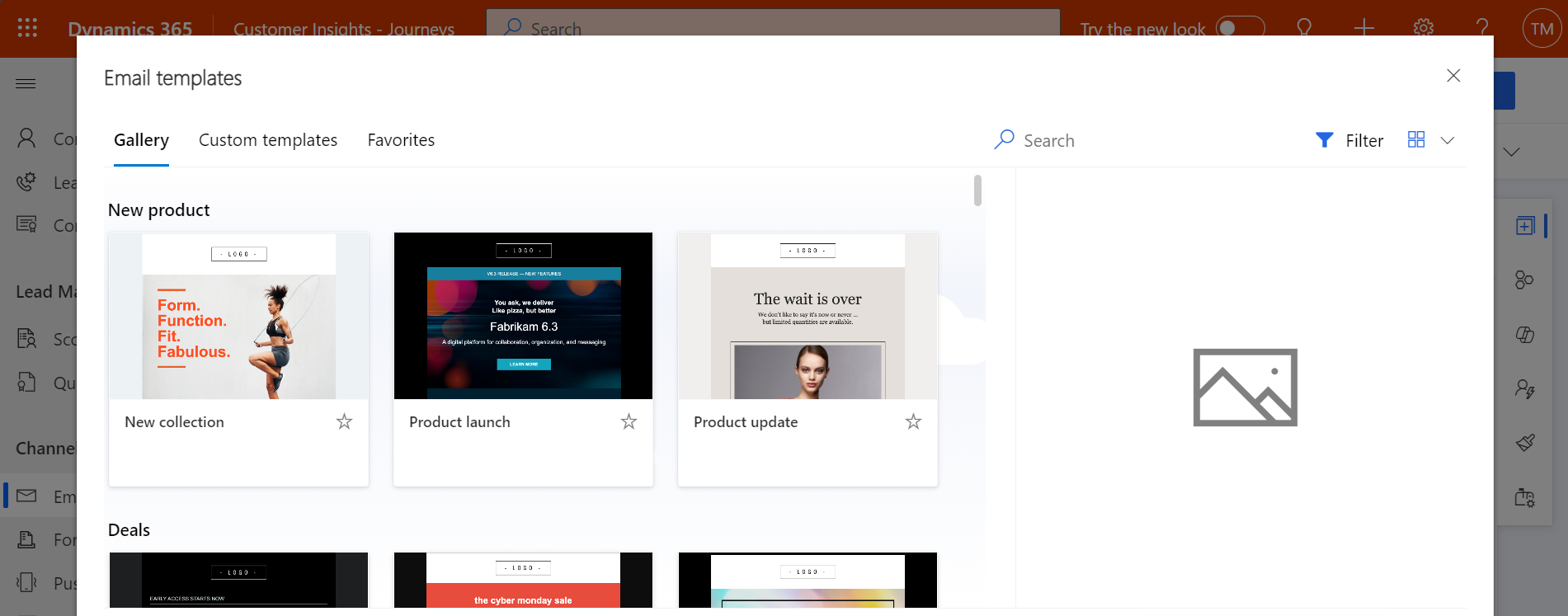 Dialog box for choosing an email template Dialog for choosing an email template.