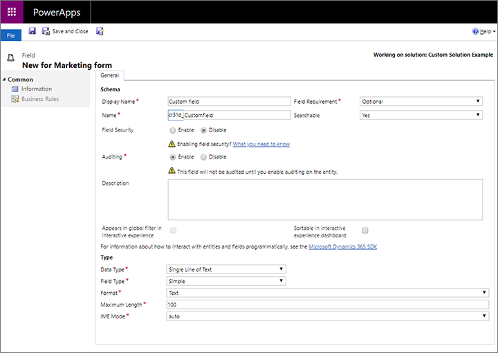Create a new field and enter a Display Name Create a new field and enter a Display Name.
