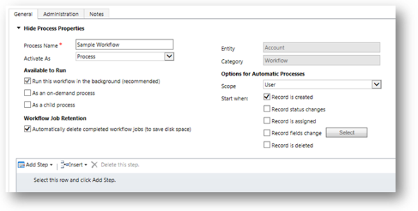 General tab in a workflow.