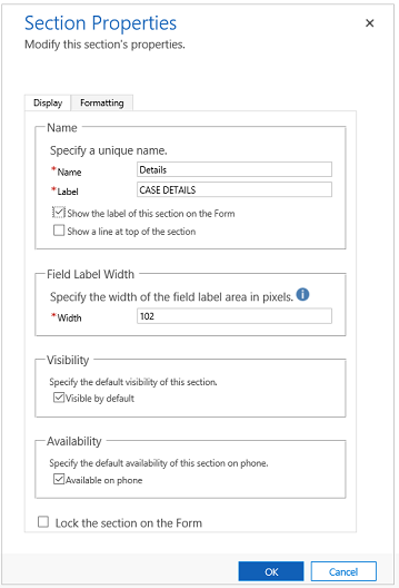 Section properties dialog box.