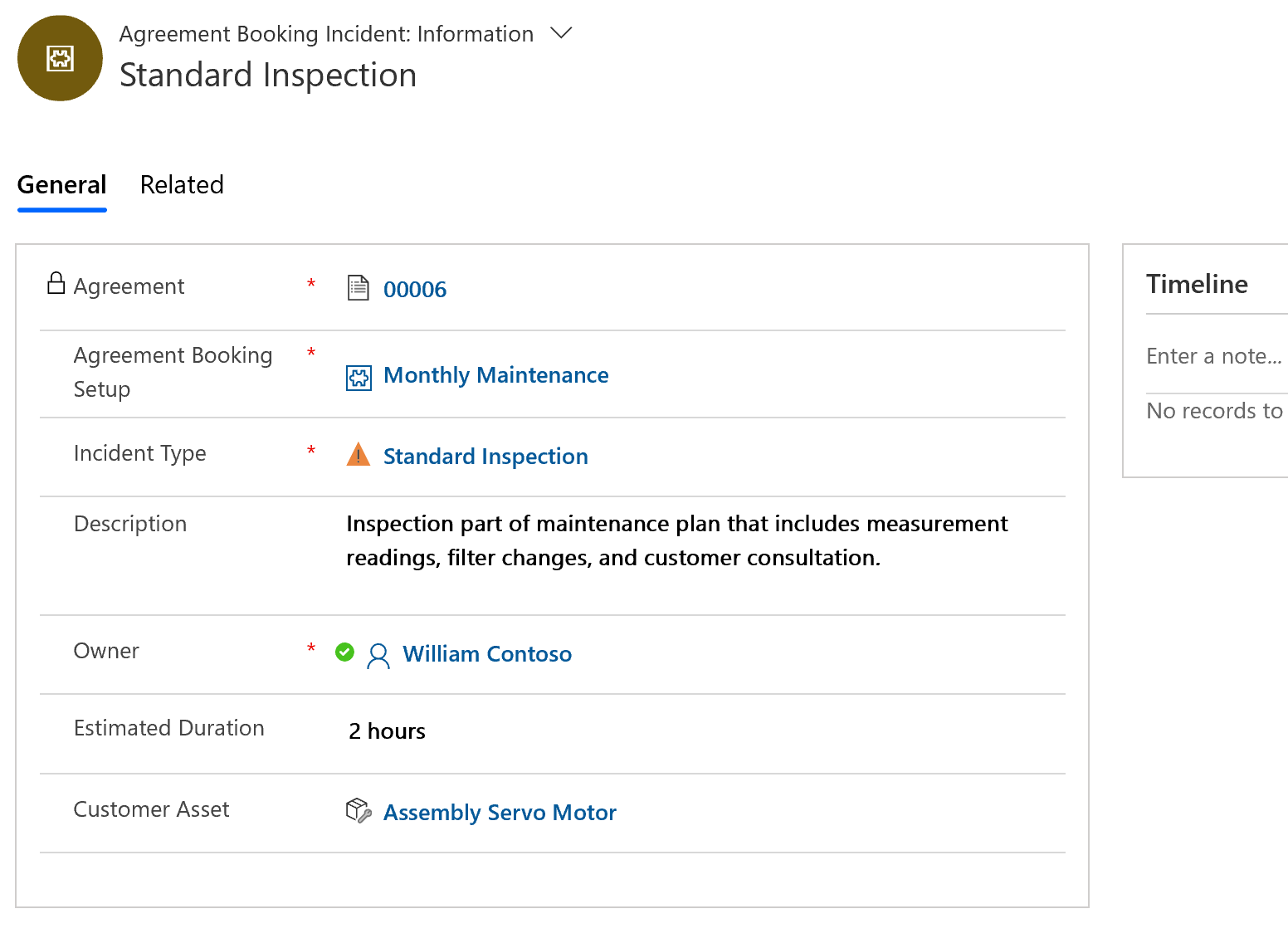 Screenshot of an agreement booking incident.