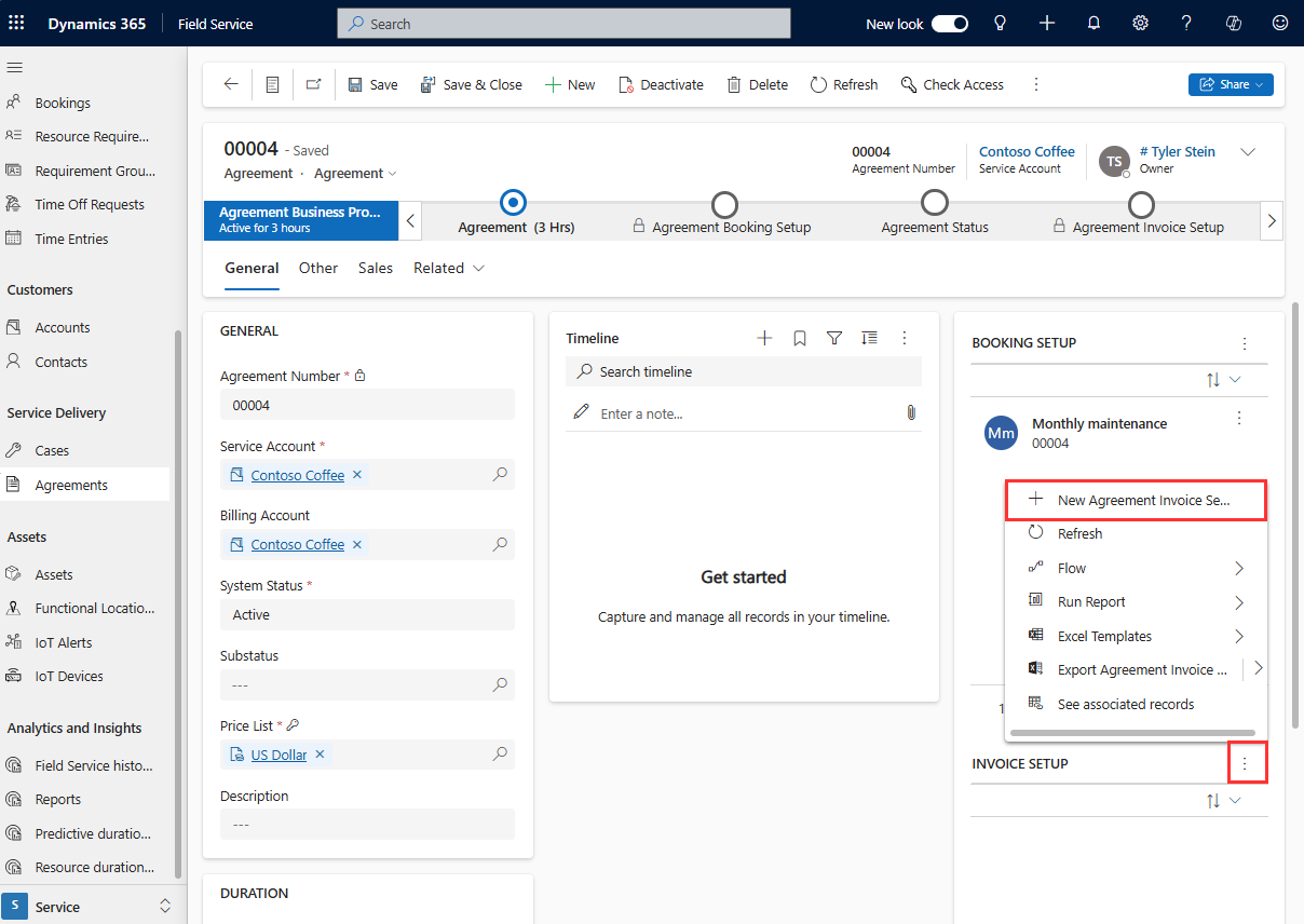 Screenshot of an agreement showing the add new agreement invoice option under invoice setup.