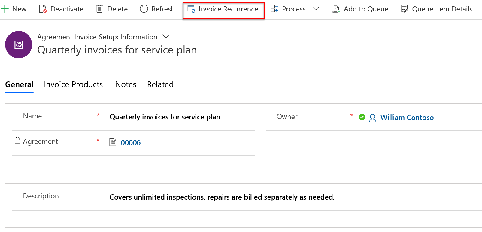 Screenshot of an agreement invoice setup with focus on the invoice recurrence option.