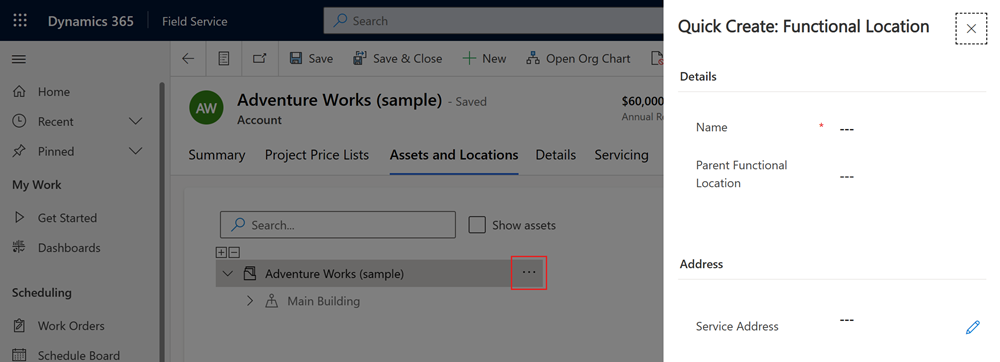 Screenshot of the Quick Create: Functional Location pane on an account record, with the ellipsis menu highlighted.