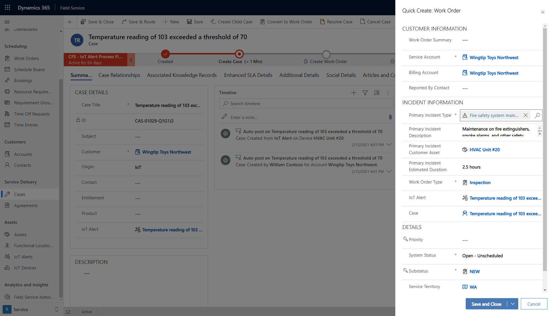 Screenshot of the quick-create work order form from the case we created from the IoT alert.