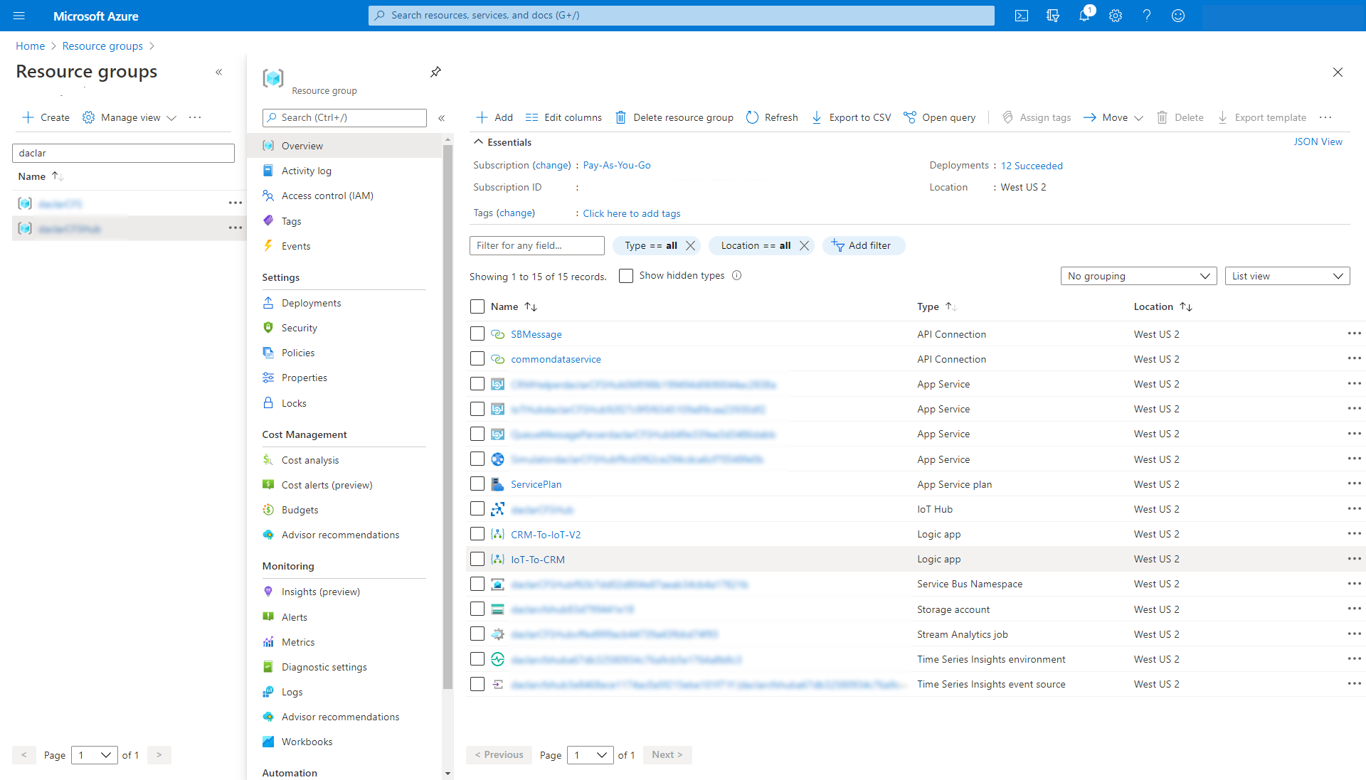 Screenshot of the Azure resource group.