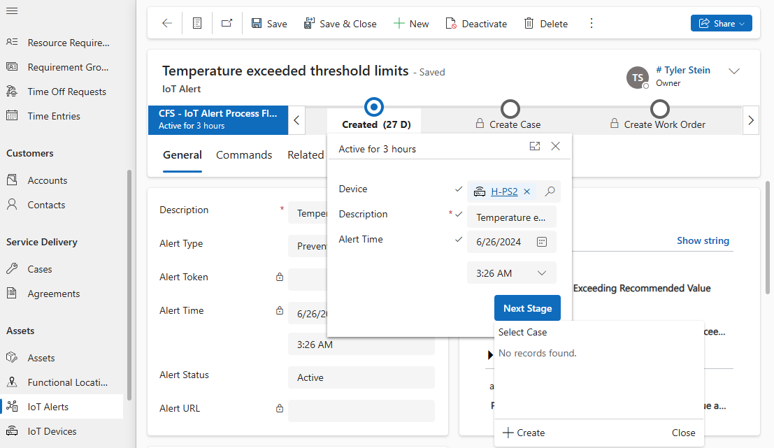 Screenshot of the IoT alert, showing the create step in the business process flow.