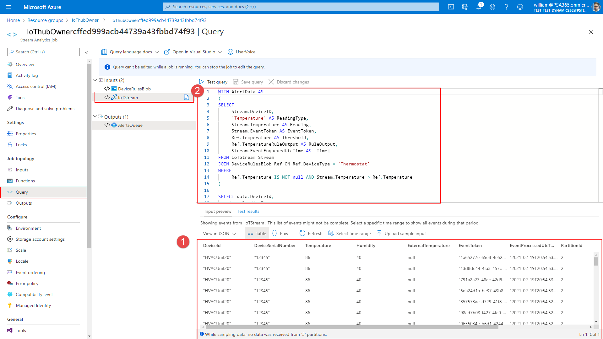 Screenshot of the query and IoT stream options in the menu.