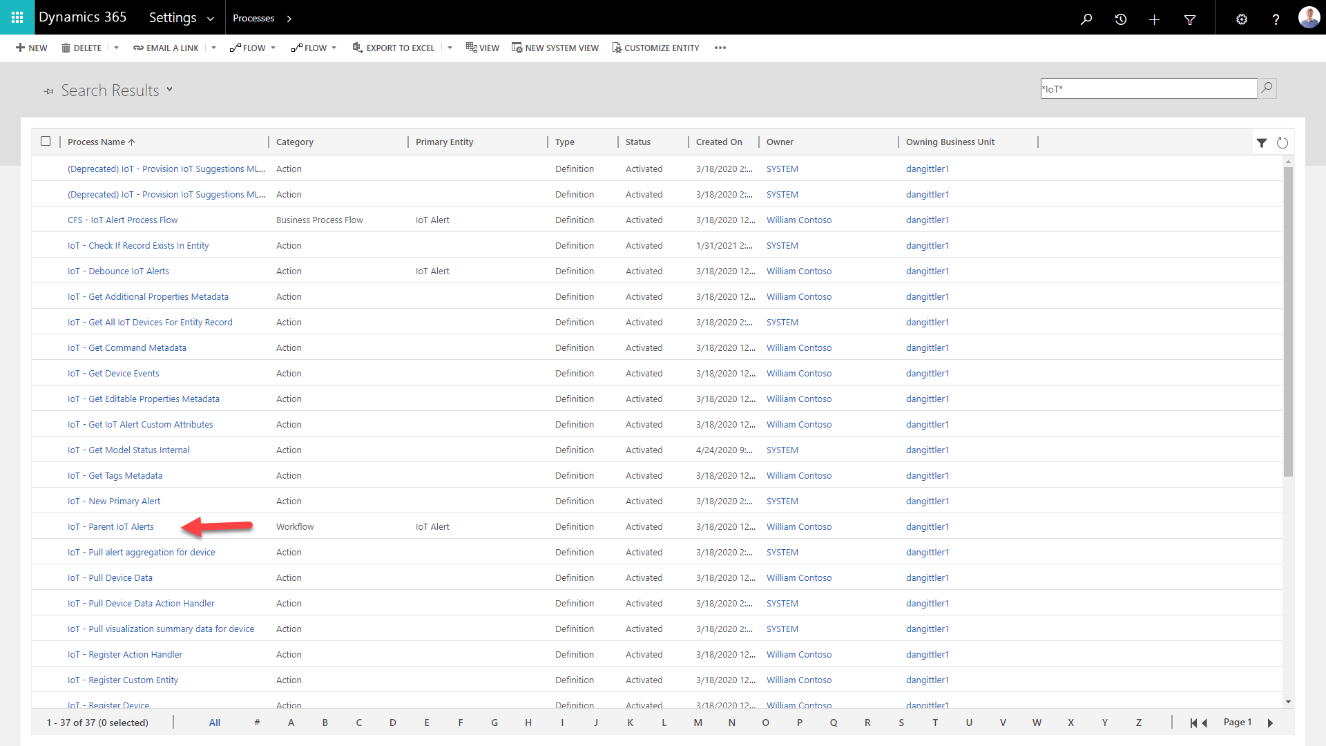 Field Service, showing a list of process with attention to "IoT - Parent IoT Alerts."