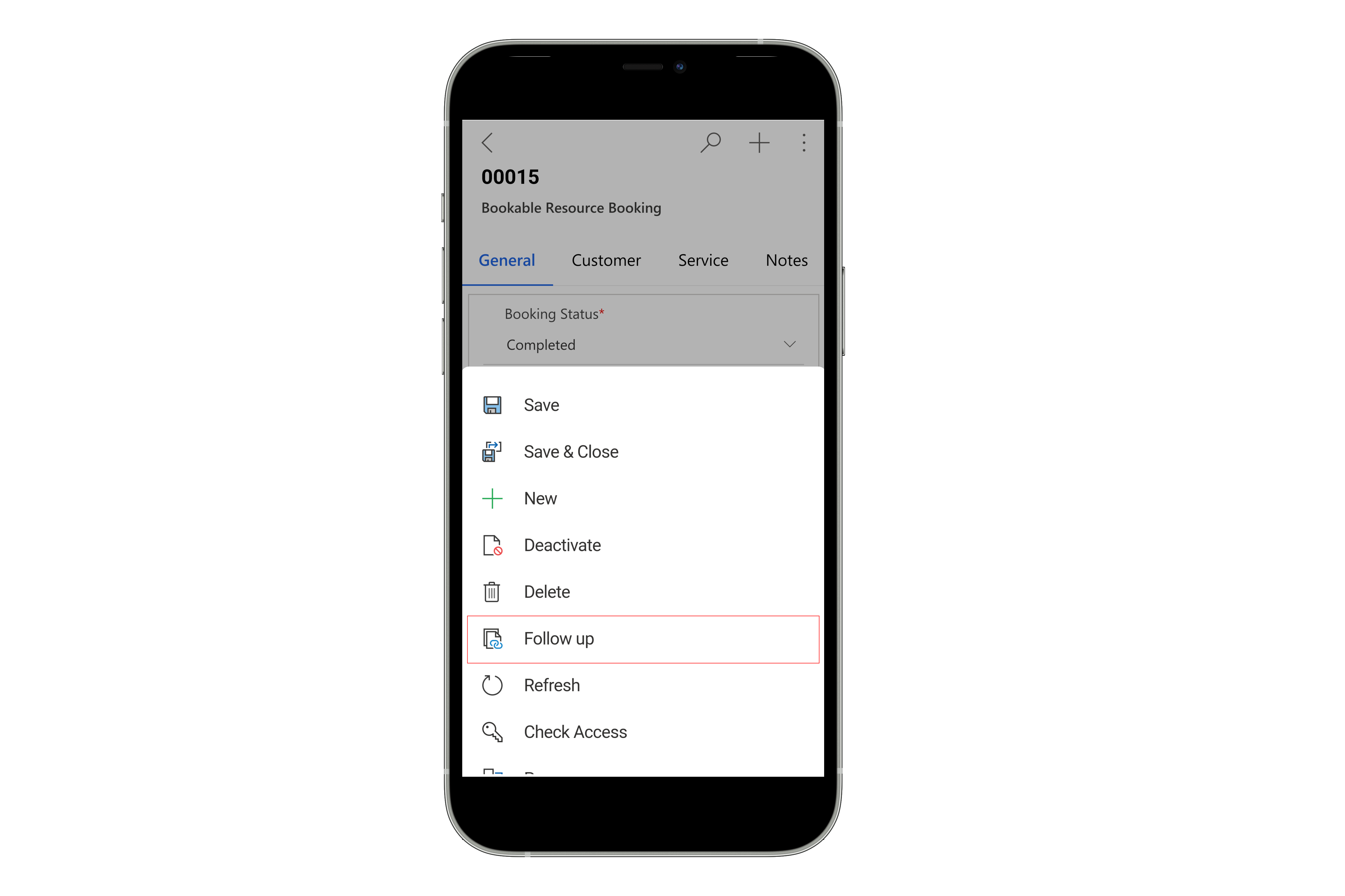 Rendering of a mobile device showing the Follow up option in the Field Service mobile app.