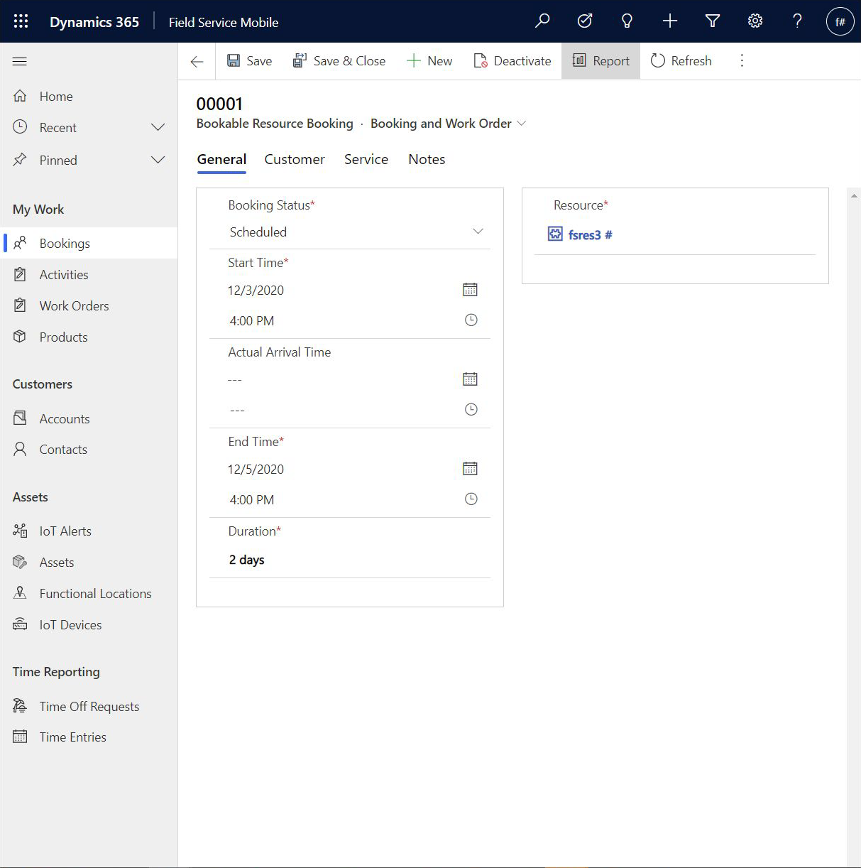 Screenshot of a Field Service bookable resource booking, showing the "Report" option.