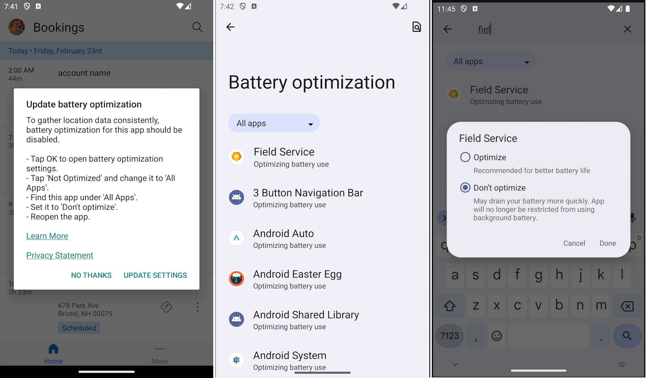 Dialog asking for battery optimization settings.