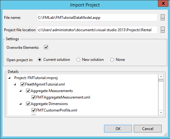 Import project dialog.