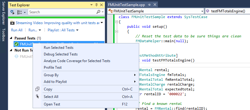 Example of right-clicking to run or debug selected tests.