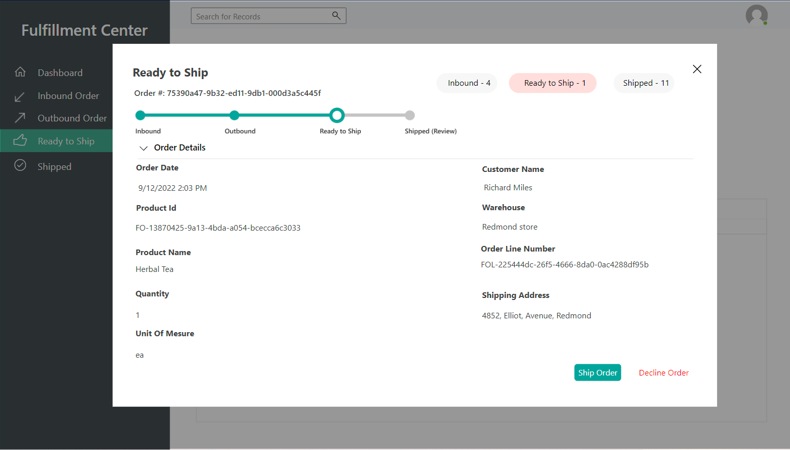 Ready to Ship page in the demo fulfillment app.