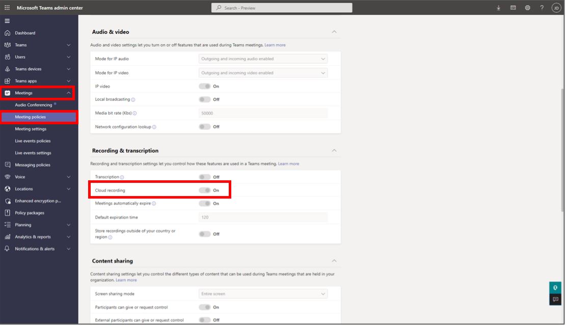 Screenshot of Microsoft Teams admin center with Allow cloud recording setting highlighted.
