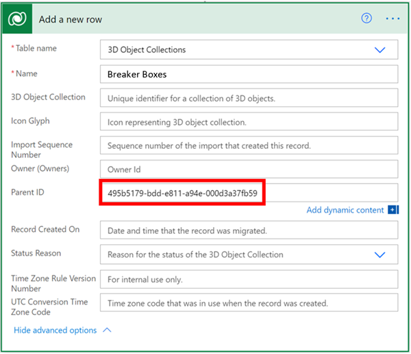 Power Automate screen with Parent ID pasted in the Parent ID field Power Automate screen with Parent ID pasted in the Parent ID field.