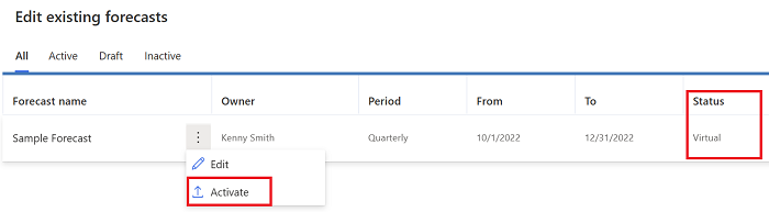 Screenshot of the three-dot menu for activating the sample forecast.