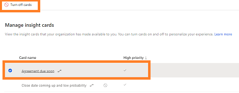 Screenshot of turning off an insight card.