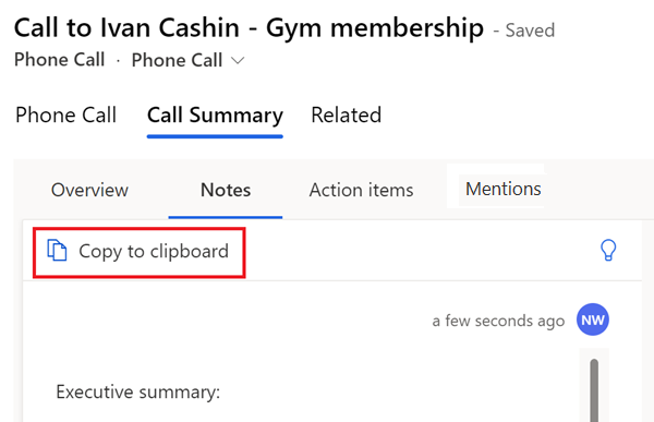 Screenshot of the call summary Notes tab, with Copy to clipboard highlighted.