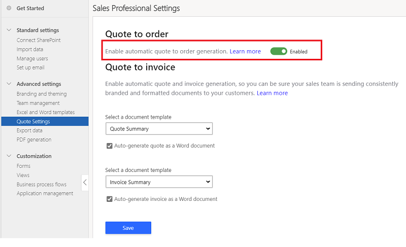 A screenshot of Sales Professional Settings to enable automatic creation of quote to order.