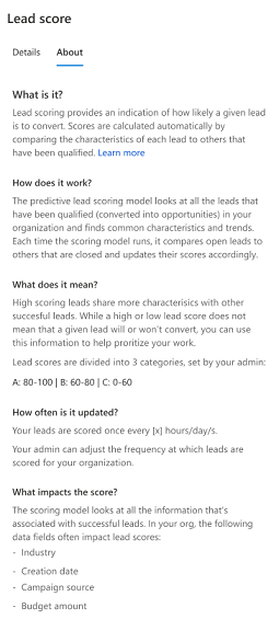 Screenshot of predictive lead score About tab.