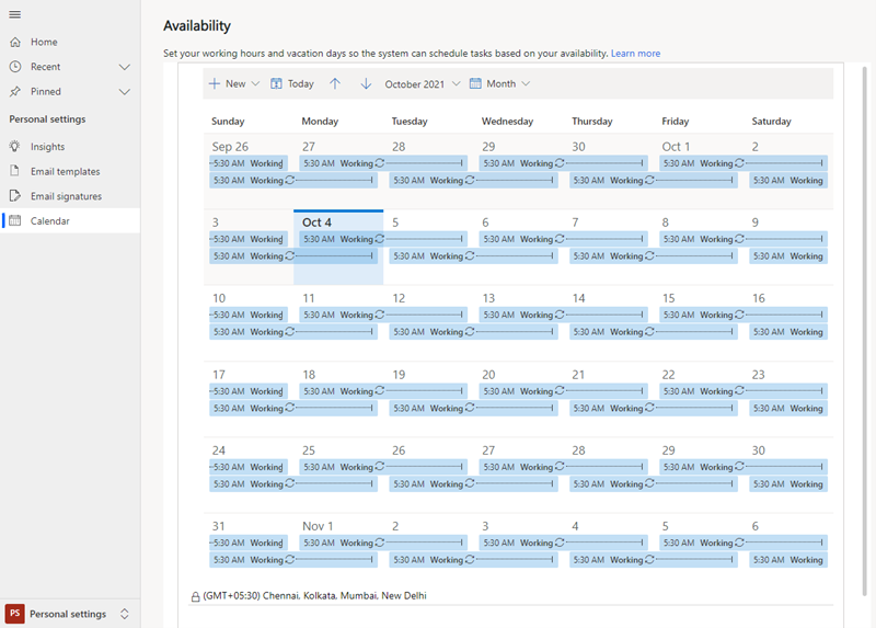 Screenshot of the work availability calendar page.