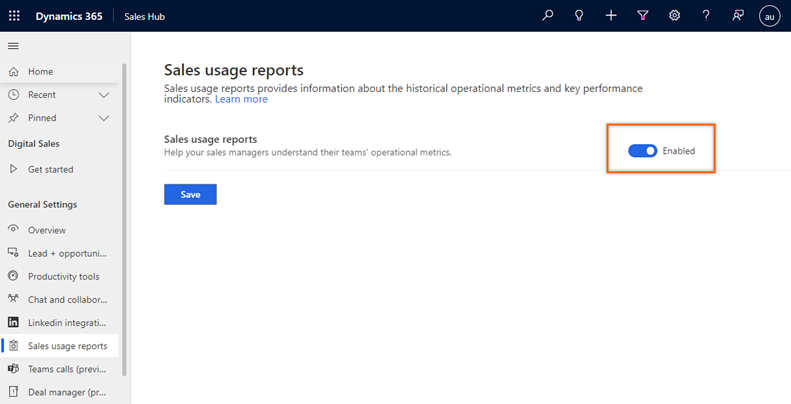 Screenshot of enabling sales usage reports.
