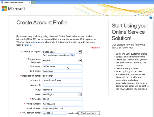 Screenshot of Create account profile page, with sample information.