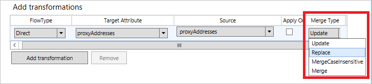 Screenshot that shows the "Add transformations" section with the "Merge Types" drop-down menu open.