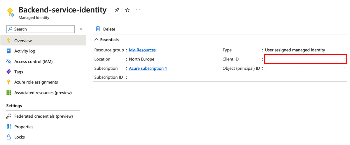 Screenshot that shows how to copy the managed identity client ID.