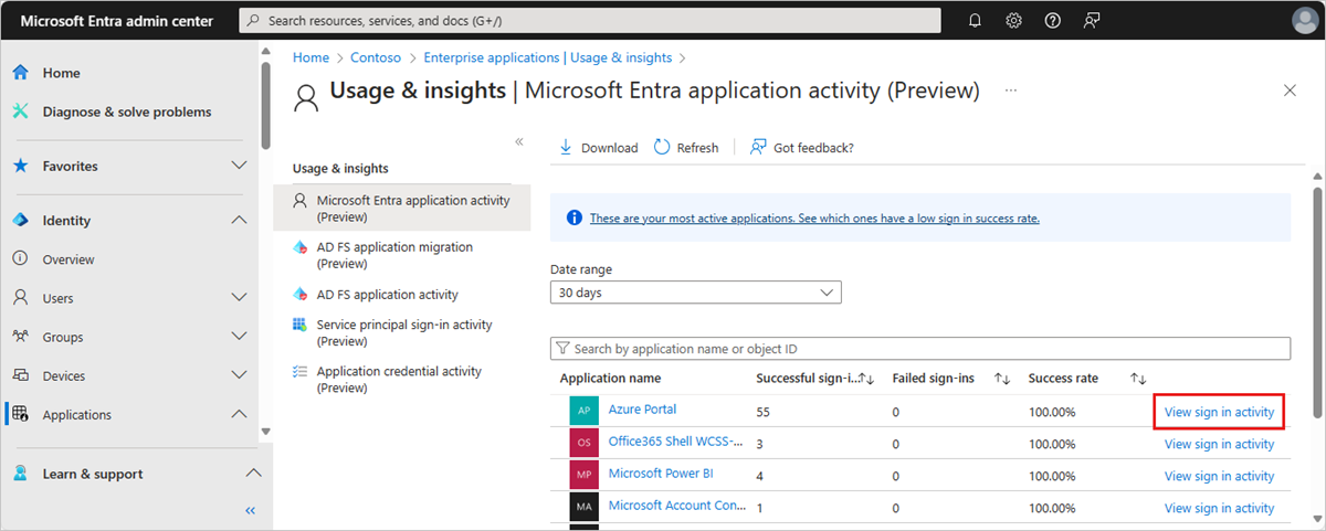 Screenshot shows Usage and insights for Application activity where you can select a range and view sign-in activity for different apps.