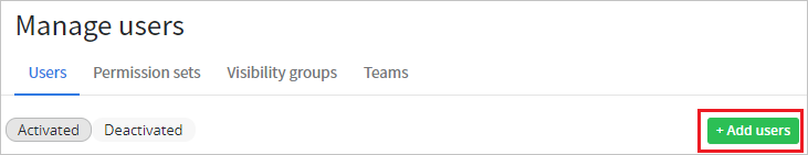 Screenshot that shows the "Manage users" page with the "Add users" button selected on the right side.
