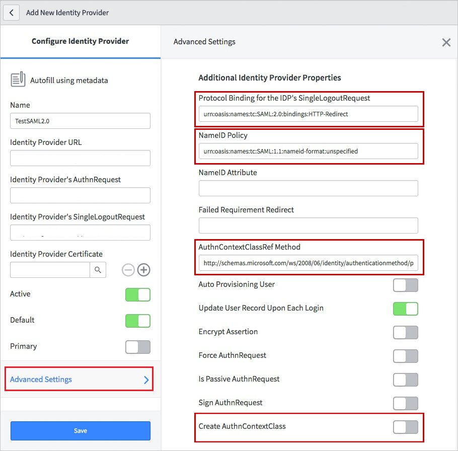 Screenshot of Add New Identity Provider dialog box, with Advanced Settings highlighted